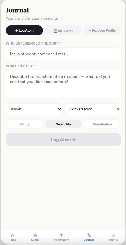 Atom Log journal dashboard: streak, frequent emotions, atoms logged, and emotional landscape