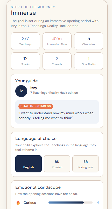 Immerse dashboard: teachings progress, immersion time, check-ins, and the child's current goal
