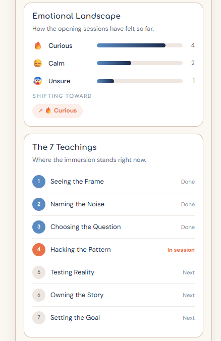 The 7 Teachings immersion progress: emotional landscape and which teaching is in session