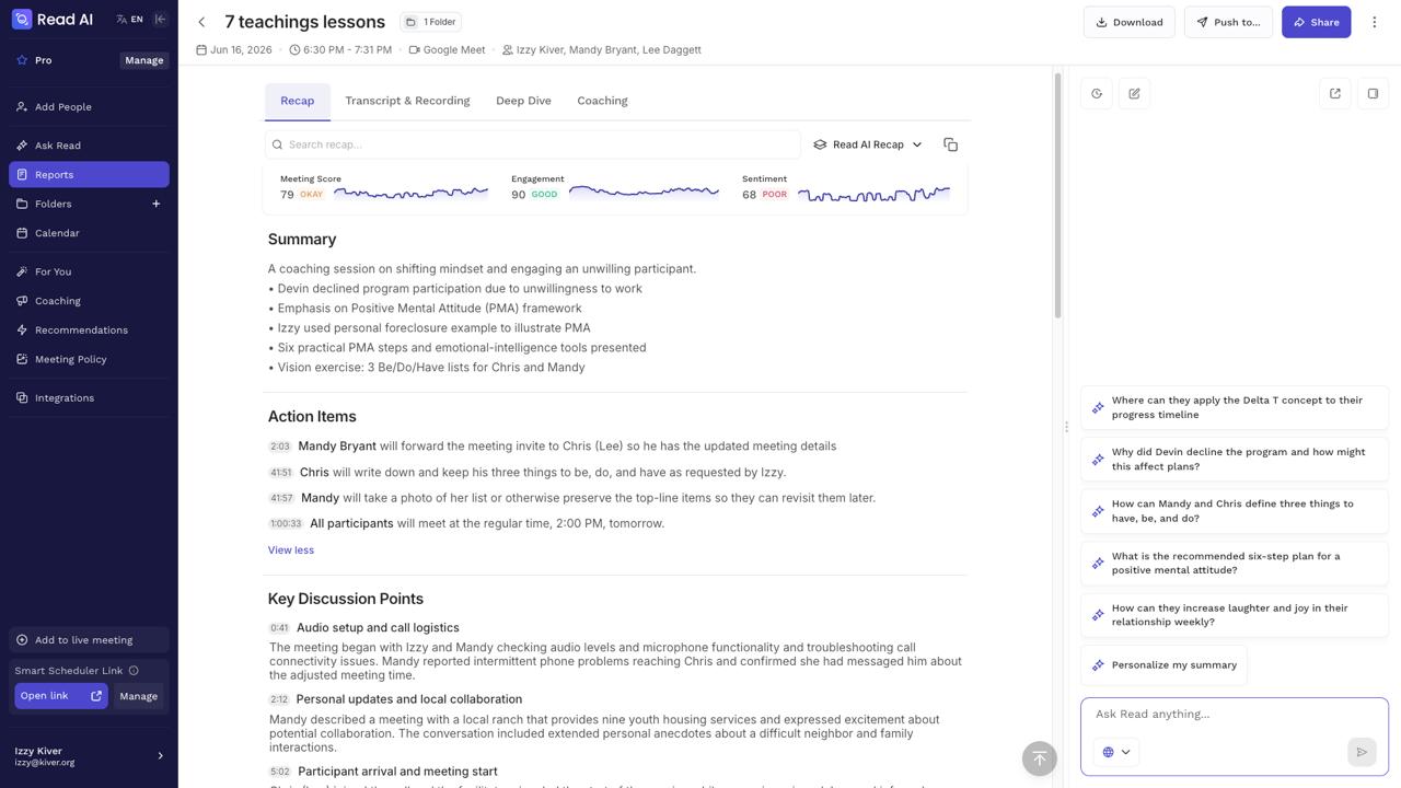 Read AI session dashboard: meeting score, engagement, sentiment, summary, and action items