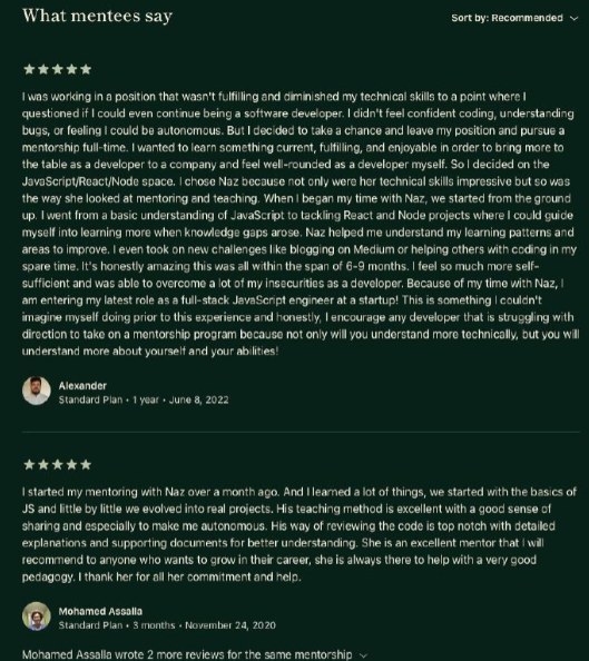 Reviews from mentees describing their mentorship experience and results